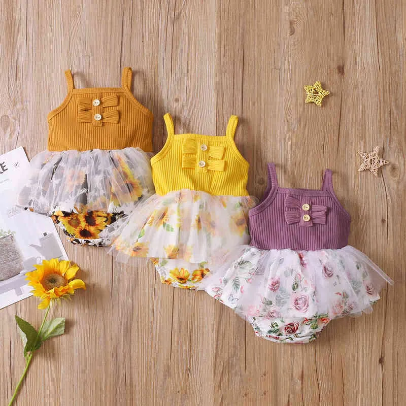 Pudcoco bebê romper, verão girassol impressão quadrado pescoço mangas de algodão de malha playsuits meninas roupas 0-18 meses g1221