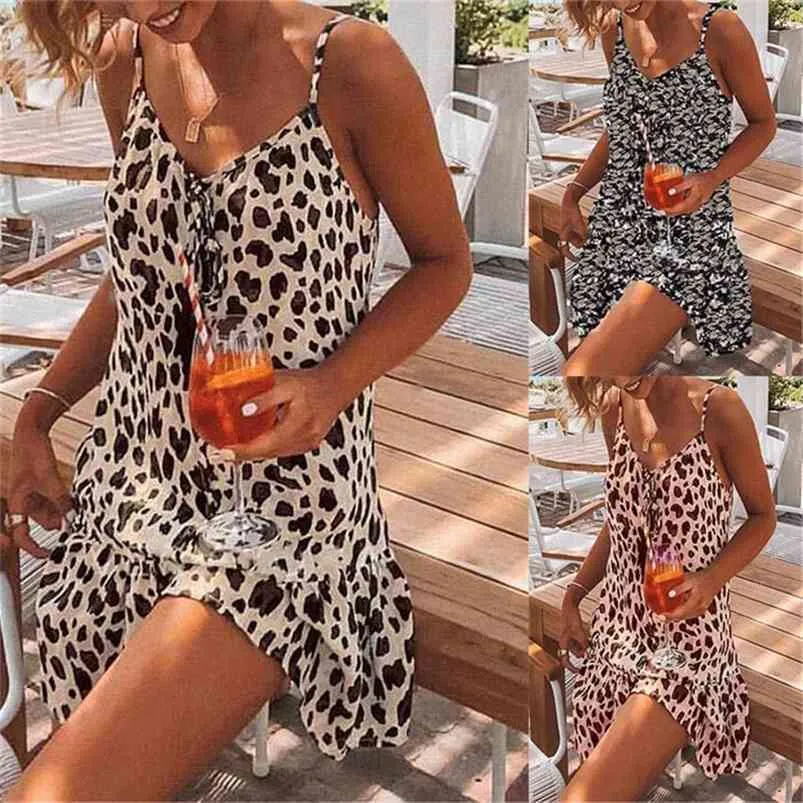 Sexy spaghetti riem luipaard print strand mini vrouw jurk zomer losse casual boho jurken voor vrouwen plus size femme robe 210623