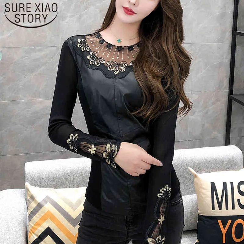 Autumn Sexy Lace Black Hollow Women Blouses and Tops Winter Warm Long Sleeve Mesh Patchwork Diamond Bottoming Shirts 7843 50 210510