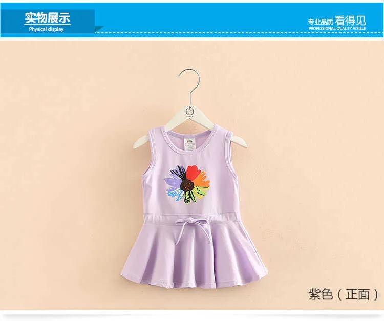  Summer 2-10 Years Children Birthday Oil Painting Cartoon Big Flowe Print Princess Waist Drawstring Kids Girl Flower Dress (1)