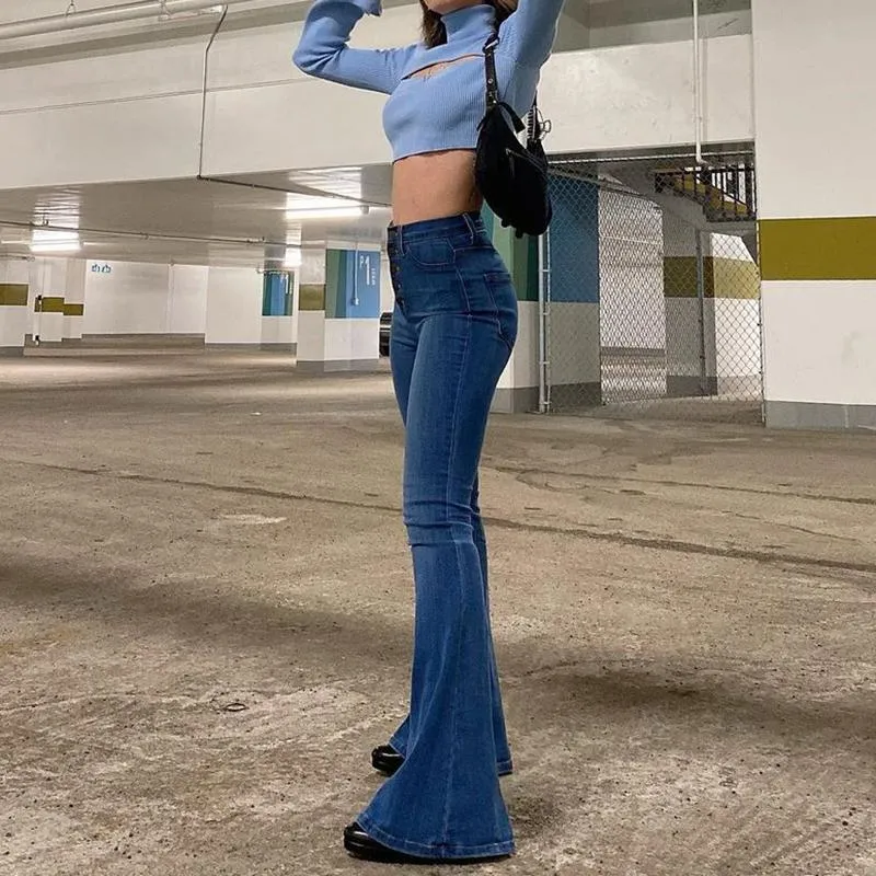 90s Aesthetic High Waist Flare Jeans Pants For Girls 2021 Spring