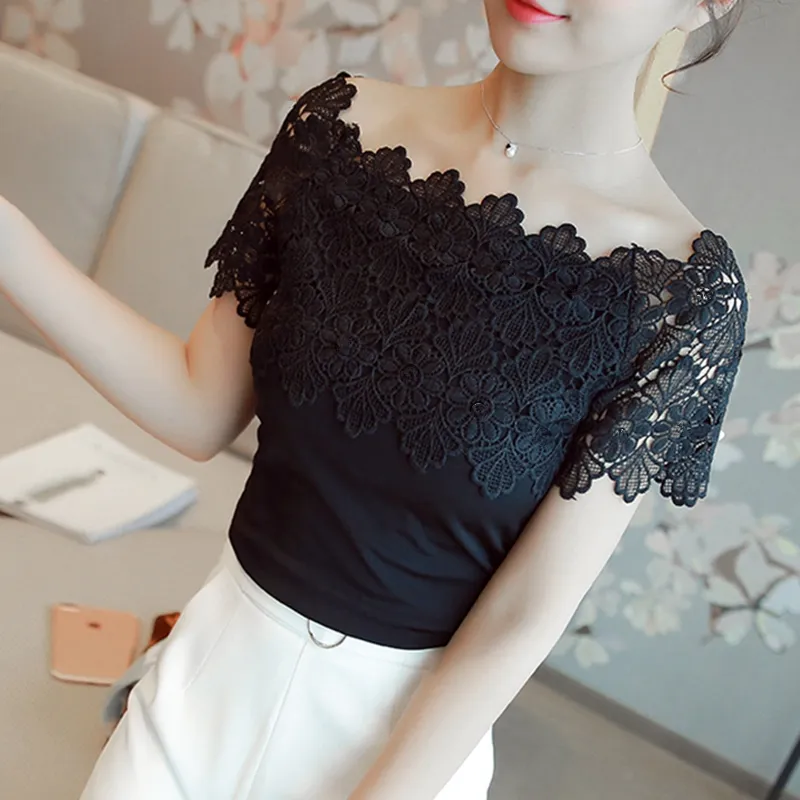 Design Women Lace Patchwork Blouse Shirt Casual Off Shoulder Top Sexy Short Sleeve White Blouse Ladies Summer Hollow Elegant Blo