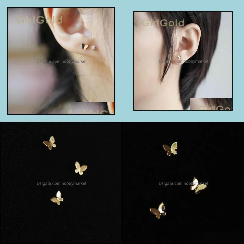 14k Solid Gold Butterfly Earring Mini Dainty Women Minimal Simple Style Gift Bridesmaid 210323