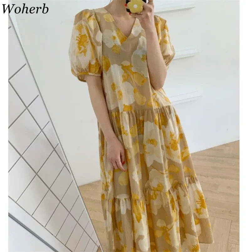 Vintage kobieta sukienka v szyi kobiety lato maxi sukienki wakacje plaża koreański szata żeński kwiat szyfon vestidos mujer 210519