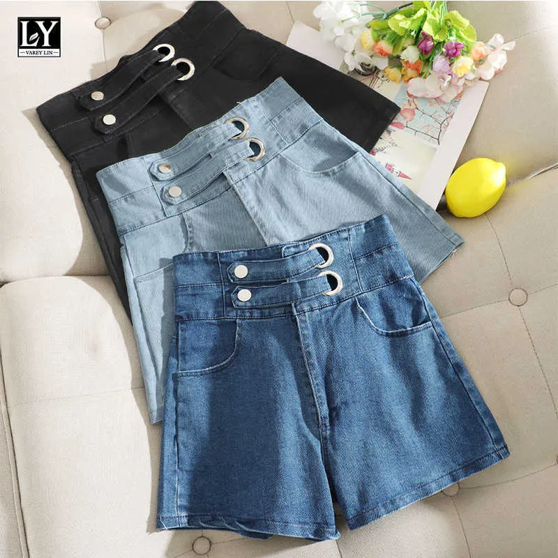 Ly Varey Lin Summer Femmes Taille Haute Taille Large Denim Shorts Jeans Mode Métal Décoration Poches Une Ligne 210526