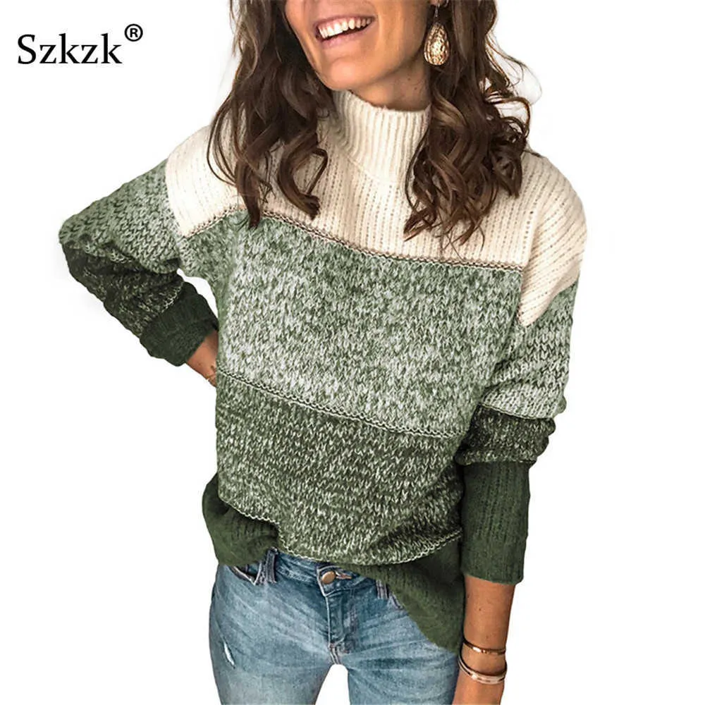 SZKZKカラーブロックニットセータートップ緩いプルオーバー女性女性ジャンパーフォールウィンターパッチワーク長袖タートルネックセクシーなセーターX0721