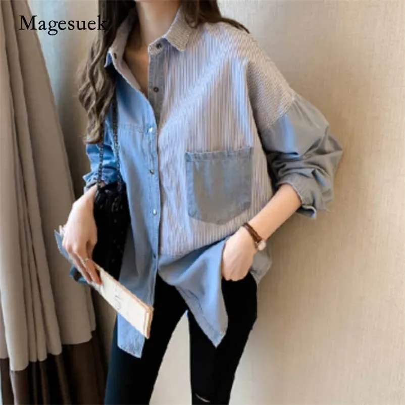 Camicia di jeans da donna a maniche lunghe in cotone autunno femminile Camicia di jeans allentata stile coreano Colletto rovesciato Camicetta taglie forti Blusas 7256 210518