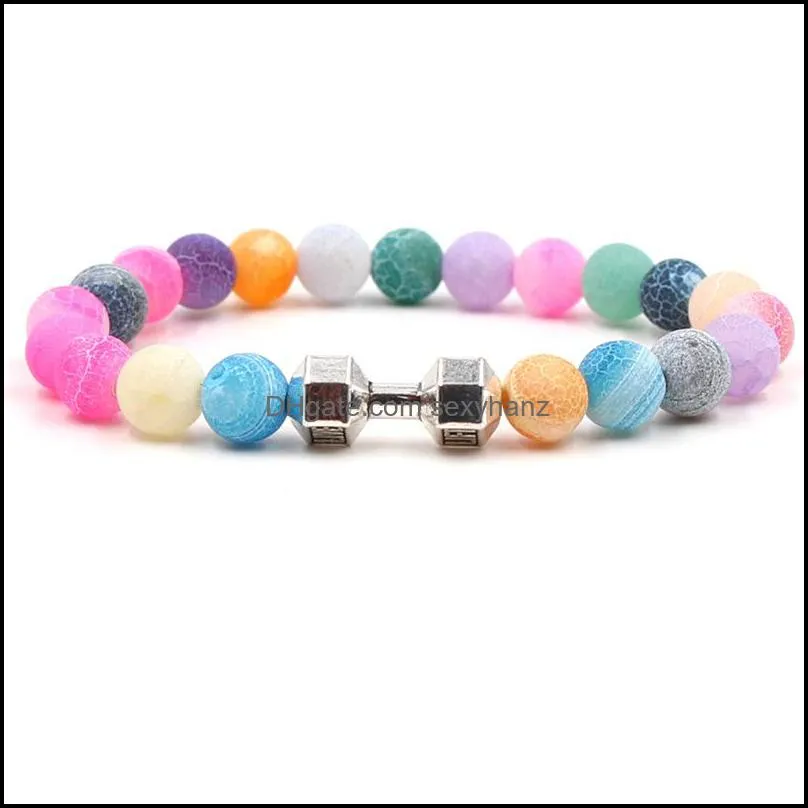 Rainbow Weathered agate beaded bracelets Women Cross Dumbbell charm Healing Natural stone beads Wrap Bangle For Men DIY Jewelry