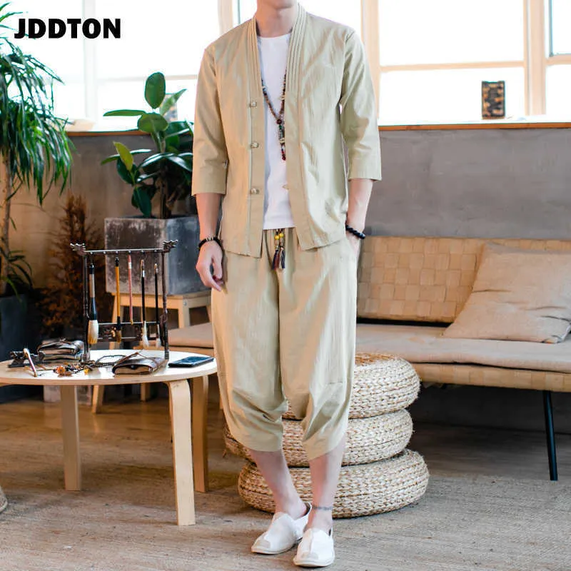 Jddton nieuwe heren traditionele Japanse kleding stijl pakken katoen linnen bovenkleding mode casual losse mannelijke tweedelige set JE069 Y0831