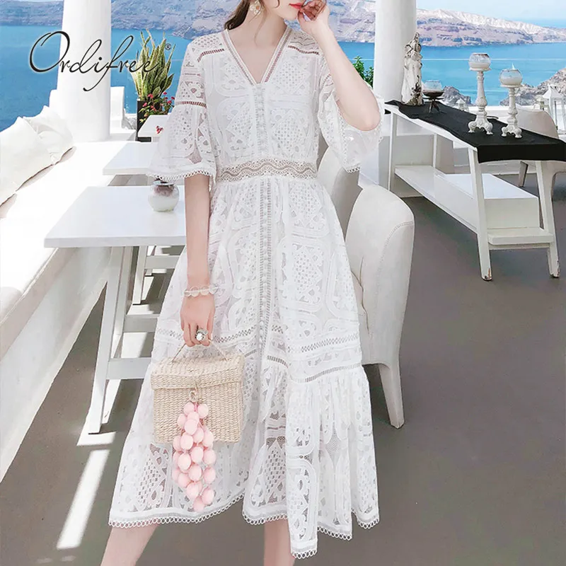 Verão Mulheres Vestido Sundress Manga Curta Crochet Sexy Branco Lace Túnica Praia 210415