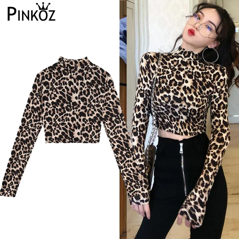 Sexy Dame Mode High Street Zebra Leopard Dierlijke Print Shirt Turtleneck Lange Mouwen Stretch T-shirt Top Slanke Bodycon 210421