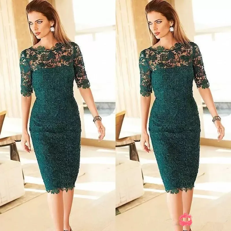 Gorgeous Lace Mother of the Bride Groom Dresses Sheath Moders klänningar Tea Length Emerald Green Half Sleeves Cocktail Party Gowns Wedding