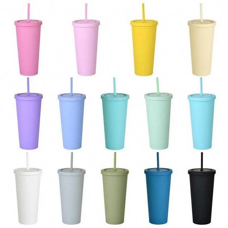 VASOS Vasos acrílicos de colores mate de 22 onzas con tapas y pajitas Vasos reutilizables de plástico de doble pared