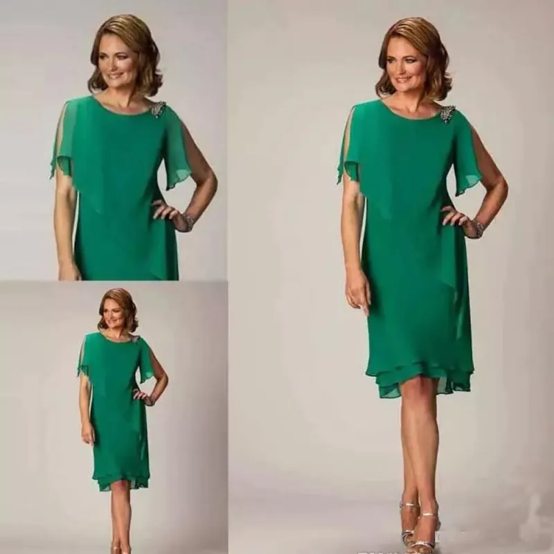 2024 Mother of the Groom Dresses Simple Green Knee Length Short Sleeve Crystal Wedding Guest Dress Ladies Bride Party Gown