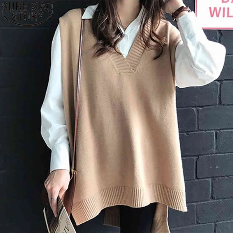 Sem mangas Vest Mulheres Polvisão V Polvisão V Pescoço Malha Solta Suéter Oversized Outono Inverno Outono Suéter Casual Pull Femme 12239 210417