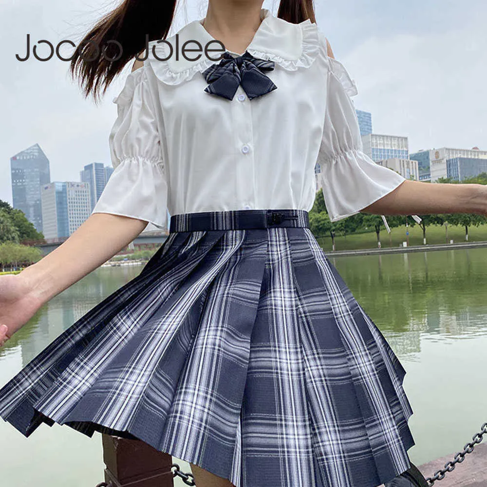 Jocoo Jolee Women Elegant Off the Shoulder Sweet Doll Collar Bluses Casual Japanese Lolita Shirts Petal Sleeve Chiffon Bluses 210619