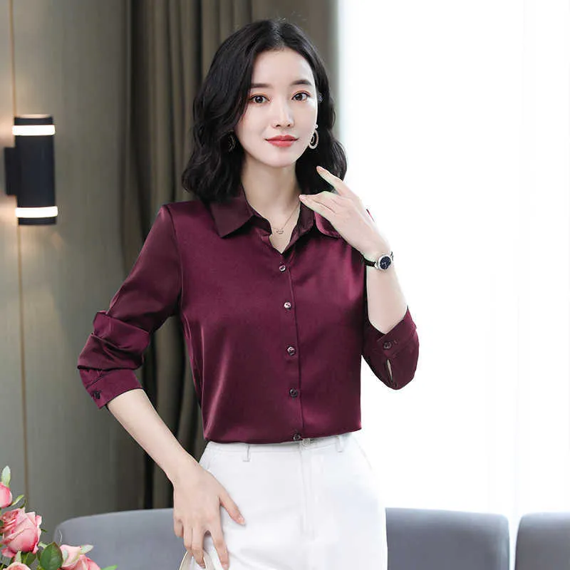 春/秋の韓国のファッションシルク女性のシャツのターンダウンカラーオフィスの女性ボタンアップシャツプラスサイズXXXLピンクレディーストップ210531