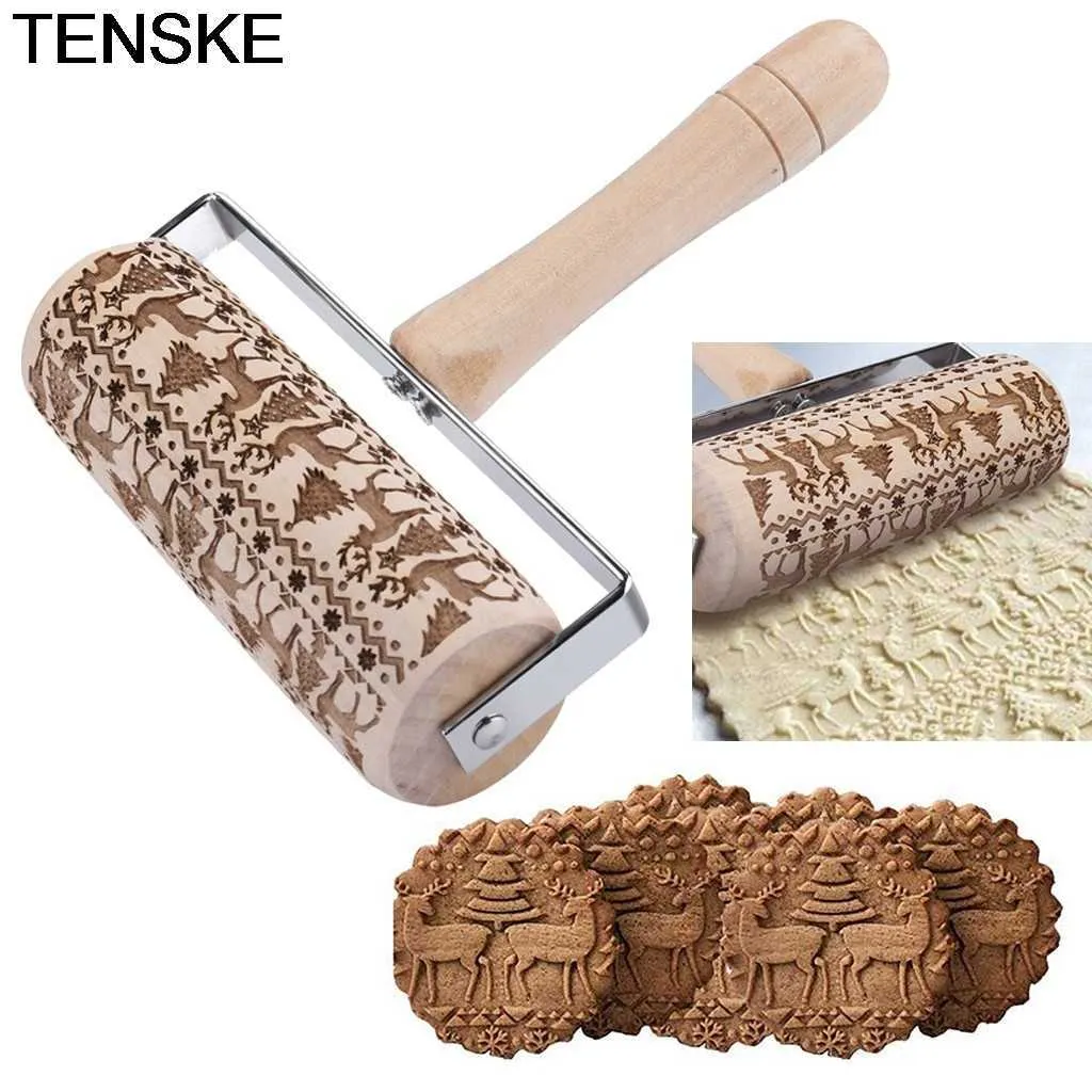 Tenke Kerstmis Houten Embossing Rolling Pin Bakken Cookies Noodle Biscuit Fondant Cake Dough Gegraveerde Roller Rendier Gereedschap 211008