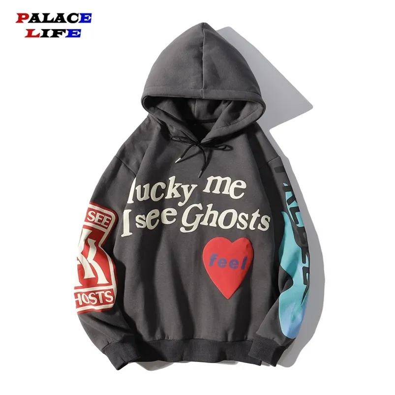 Lucky me i see Ghosts Graffiti Letter Print Plus Velvet Sweatshirt Men Harajuku Fleece Hoodie Hip Hop Stranger Things Hoodies 210715MGE5