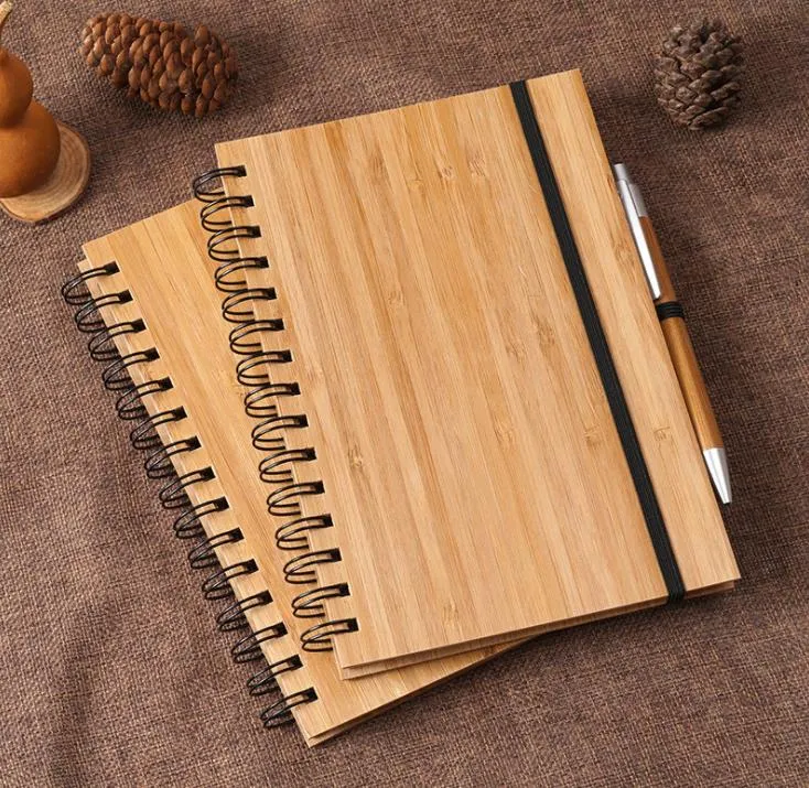 Spiral-Notizbuch, Holz-Bambus-Einband mit Stift, für Schüler, Umwelt-Notizblöcke, Großhandel, Schulbedarf, SN2751