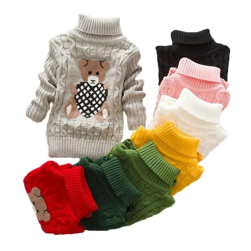 Winter Meisjes Pullover Warm Truien Jongens Dikke Gebreide Coltrui Knit Baby High Collar Pullover Cartoon Bear Sweater Kids Jassen