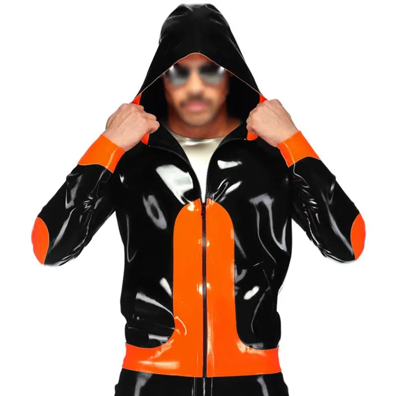 Vestes pour hommes Orange et noir veste en Latex Sexy avec fermetures à glissière poches sweats à capuche manteau en caoutchouc haut YF-0278