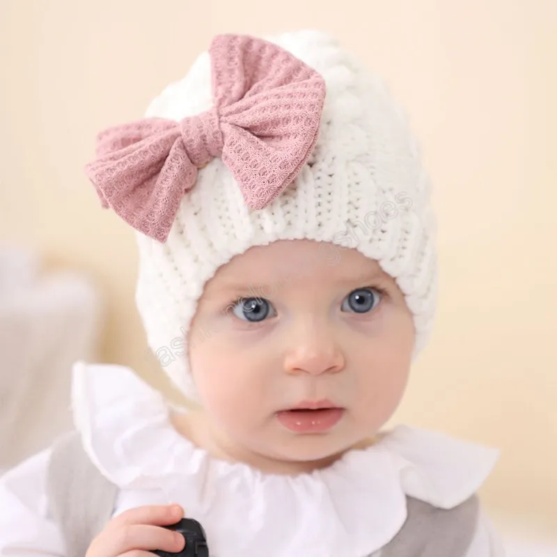 Newbron stora bågar hatt höst vinter varm flicka beanie hattar solid färg virka barn toddler bonnet cap baby tillbehör