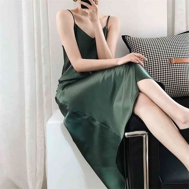 Summer Arrive Women Satin Camis Sexy Dress A-line Solid Sleeveless Mid-calf High-waist V-neck French Bottoms 210623