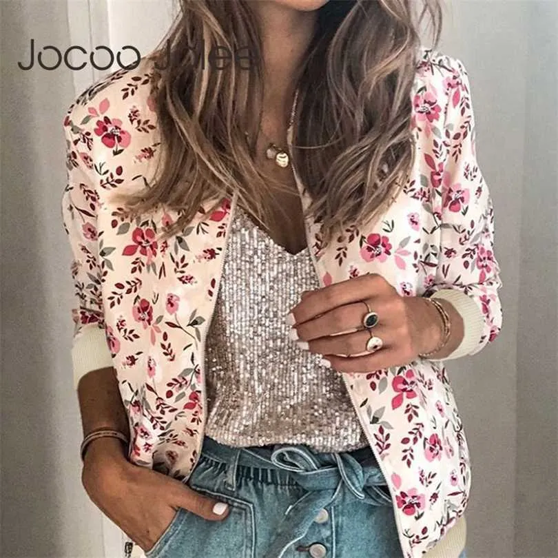 Jocoo jolee осень осень цветочная приготовленная куртка элегантная молния бомбардировщик куртка повседневная офисная одежда тонкий слой ретро аутвей 211014