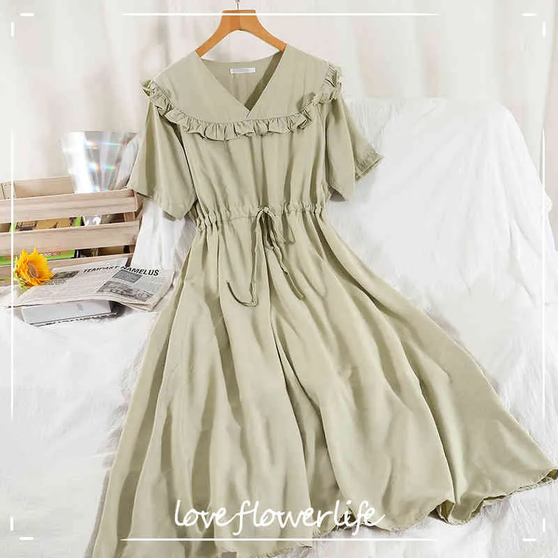 LoveflowerLife Verão Uma Linha Quadrada Coleira Chiffon Cintura Alta Cintura Meados de Vezes Vestidos Vintage Sólido Doce Vestido 210521