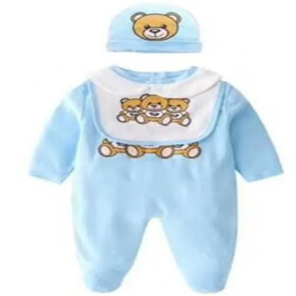 Schattige kleding ontwerper pasgeboren babyset baby jongens printbeer romper baby meisje jumpsuit +slabbetjes +cap outfi 168