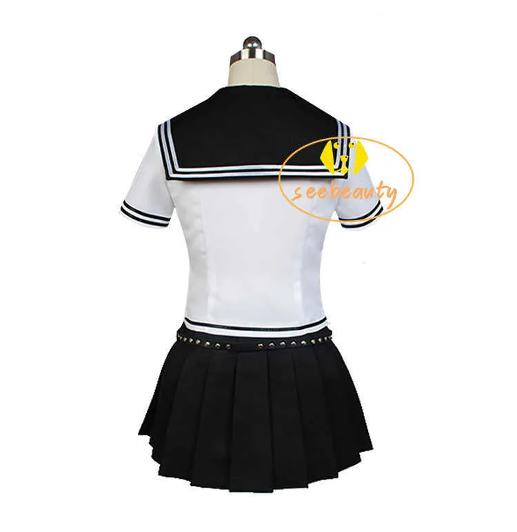 7 stks Ibuki Mioda Cosplay Custome Dangan Ronpa 2 Vaarwel Wanhoop Shirt Jurk Lange Pruik School Meisje JK Uniform Rok Set Halloween Y0913