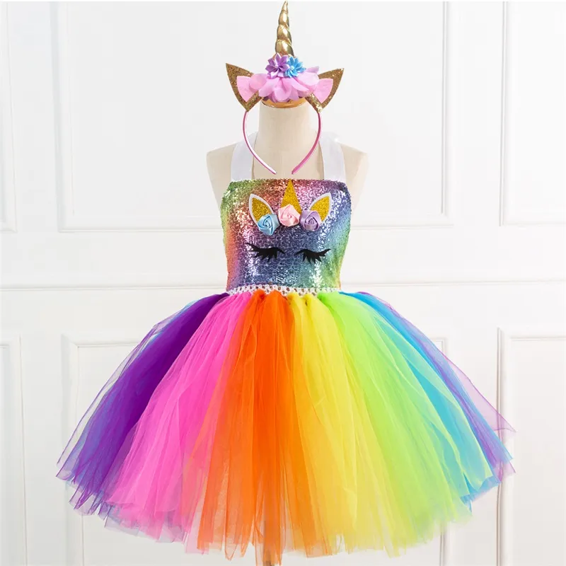 Ins Rainbow Unicorn Girls Dresses + Headband 2pcs Cekiny Tutu Girls Dress Dress Baby Princess Dress Holiday Party Dresses Boże Narodzenie Suknie 747 V2