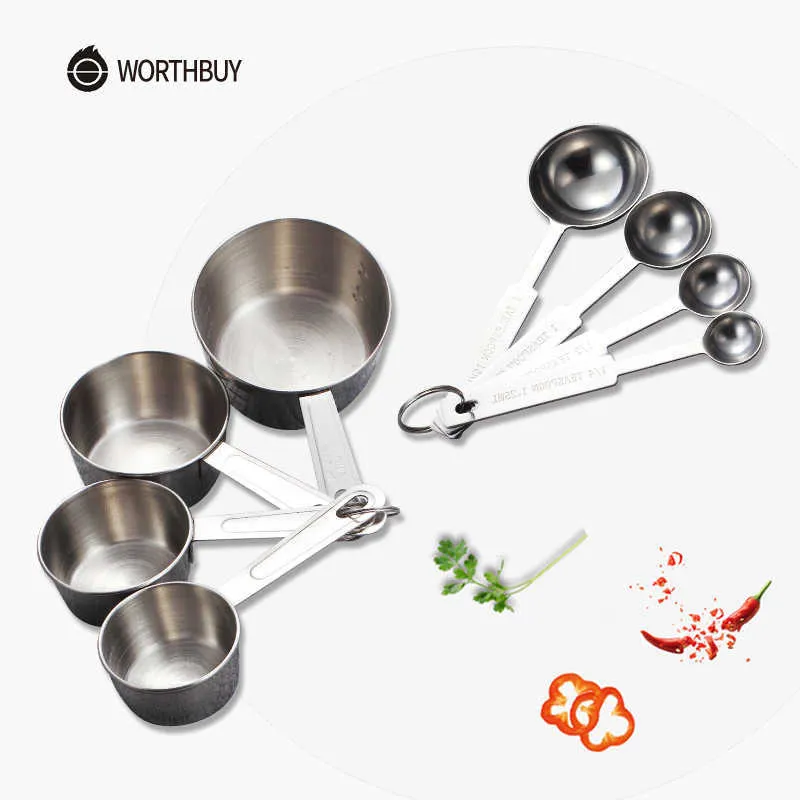 WORTHBUY Stainless Steel Measuring Cup Kitchen Spoon Scoop For Baking Tea Coffee Kichen Accessories Tool Set 210615