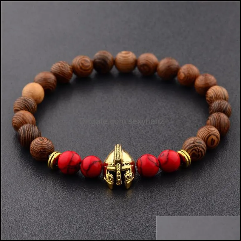 Spartan Helmet Yoga Chakra Wood Grain Bead Bracelet