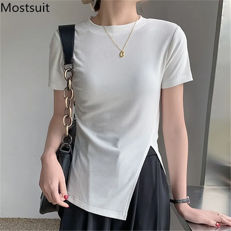 Korean O-neck Short Sleeve T Shirt Tops Women Splitting Stylish Solid Basic Tees Summer Casual Fashion Ladies T-shirts 210513