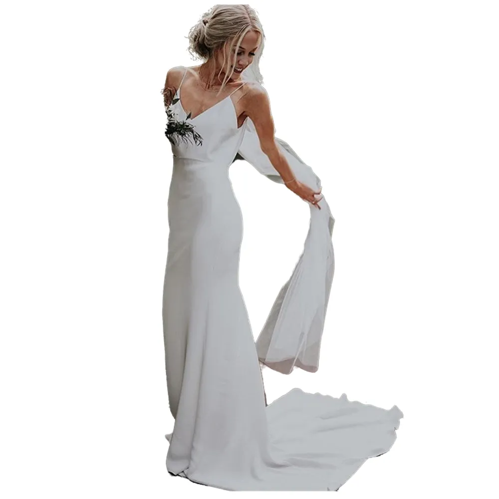 White Casual Wedding Dress With Train Bateau Neck Sleeveless Backless Satin  Fabric Mermaid Bridal Gowns – Dbrbridal