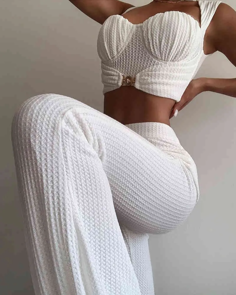 2020 Sommar Chic Women Fashion Elegant Casual Low Cut Sexig Solid Topp 2 st Ruched Crop Top High Waist Långbyxor Set X0428