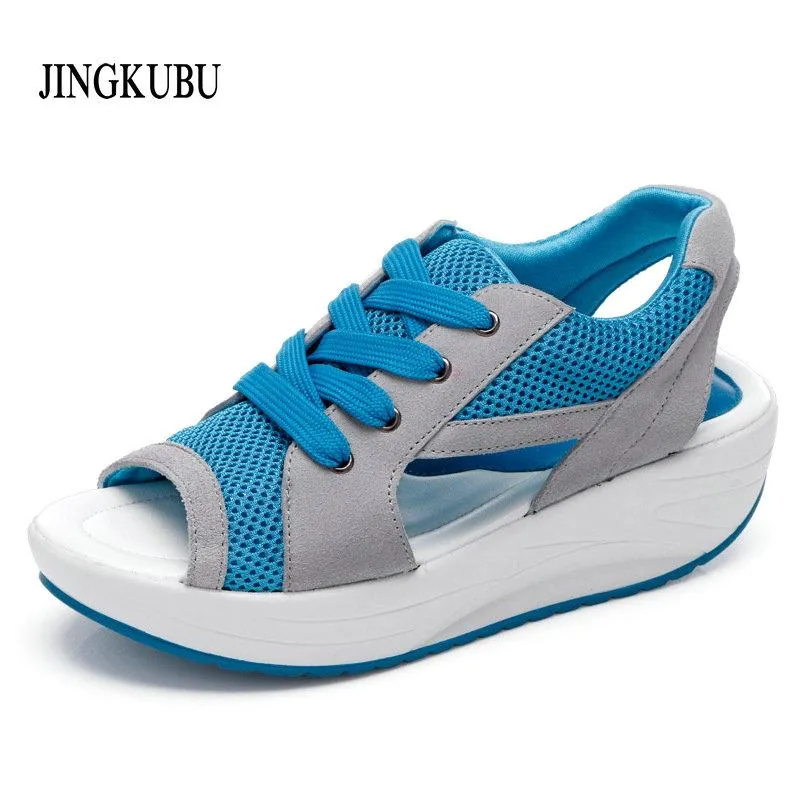 Scarpe estive Donna Blu Tennis Open Toe Sandali dimagranti Ladies Trendy Health Wedge Platform Sandali da donna