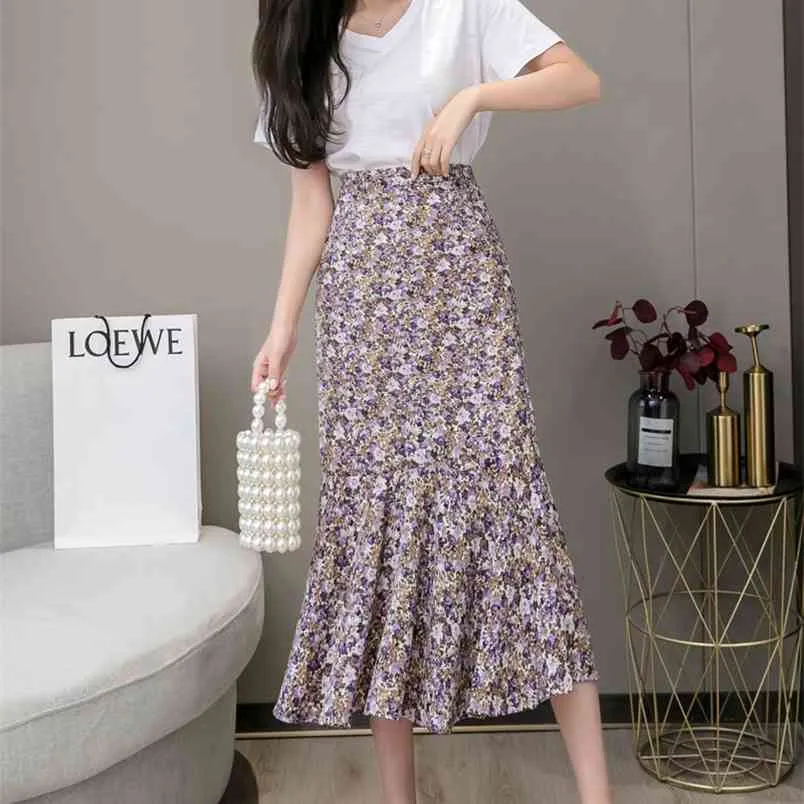 High Waist Mermaid Chiffon Skirt Women Flower Print Womens Summer Women's Floral s A Line Korean Style 210507