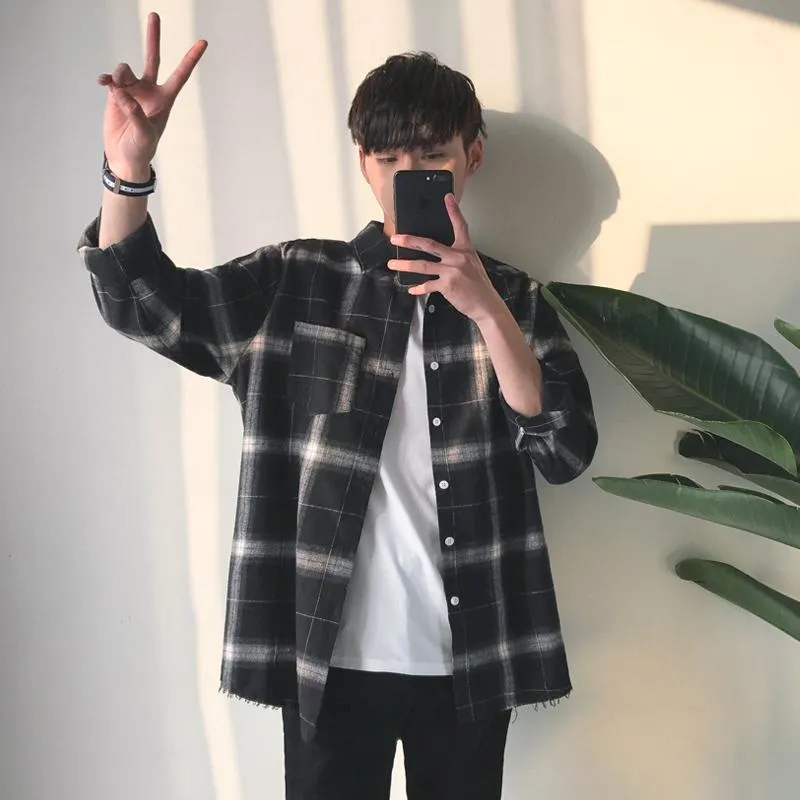 Wiosna Moda Kratę Koszulki Oversized Z Długim Rękawem Mężczyźni Luźne Casual Flanel W kratkę Męskie kurtki