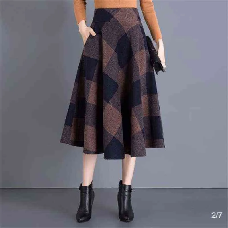 Vintage Plus Size 4xl Woolen Midi Skits Women Elegant Autumn Winter Plaid Skirt Office Ladies Fashion Saias Wool Prints Skits 211120