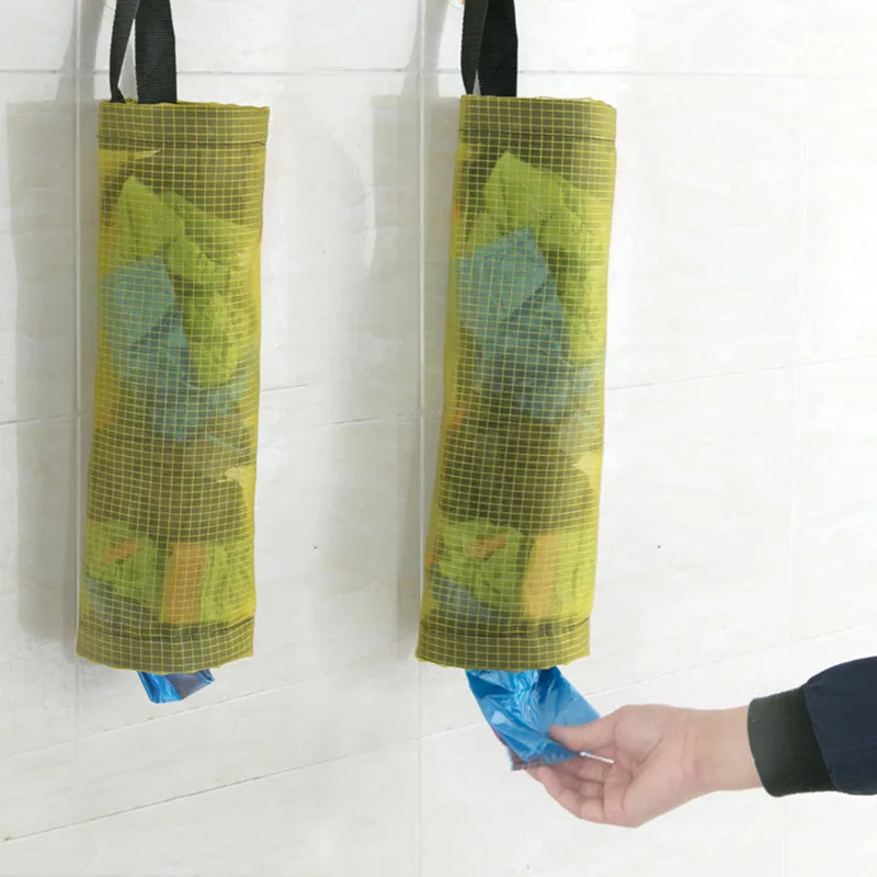 Plastic Bag Holder and Dispenser Polyester Transparent Grid Hanging Garbage Bags Storage Bag Kitchen bathroom shopping Grocery Tool DH8575