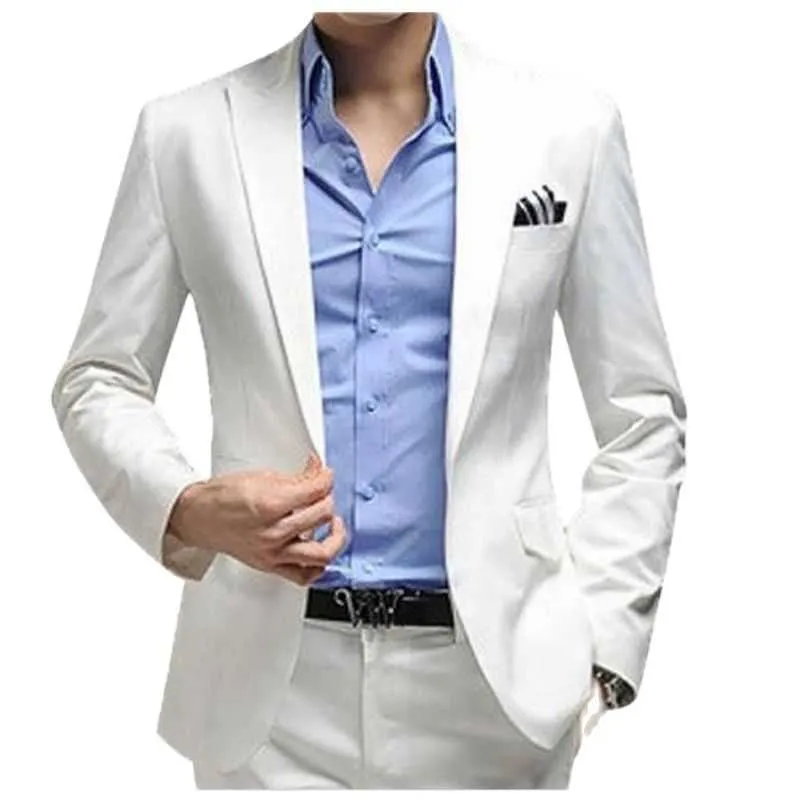 Vit Casual Wedding Suits Slim Fit 2 Piece Groom Tuxedo Man Fashion Blazer med byxor Peaked Lapel Custom Costume 2021 x0909