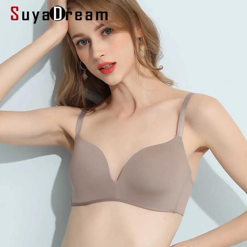 SuyaDream Women Wire Free Bras 100%Natural Silk Seamless Everyday wear Bra Underwear Nude Black Gray Red Intimates 210623