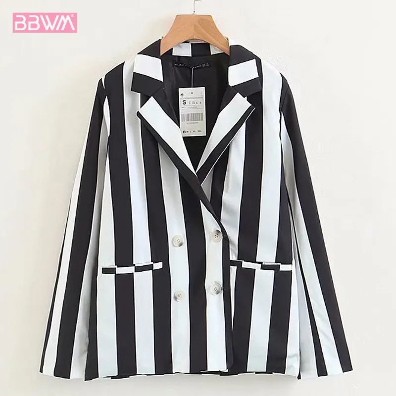 Long Sleeve Lapel Female Coat Black White Striped Small Suit Korean Fashion Autumn Temperament Professional Women's Jacket 210507