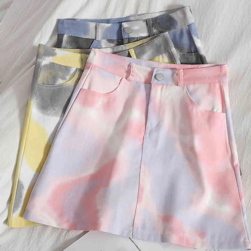 Fashion casual denim short skirt women wild tie-dye bag hip mini spring summer Korean high waist 210420