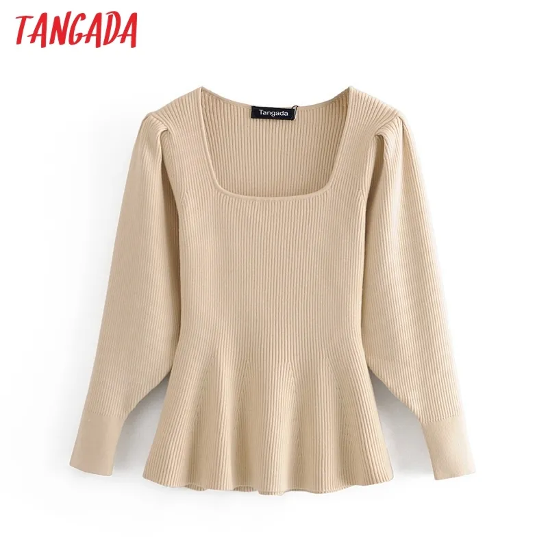 Kvinnor Vår Elegant Fransk Stil Stickad Tröja Jumper Square Neck Female Pullovers Chic Toppar 3H402 210416