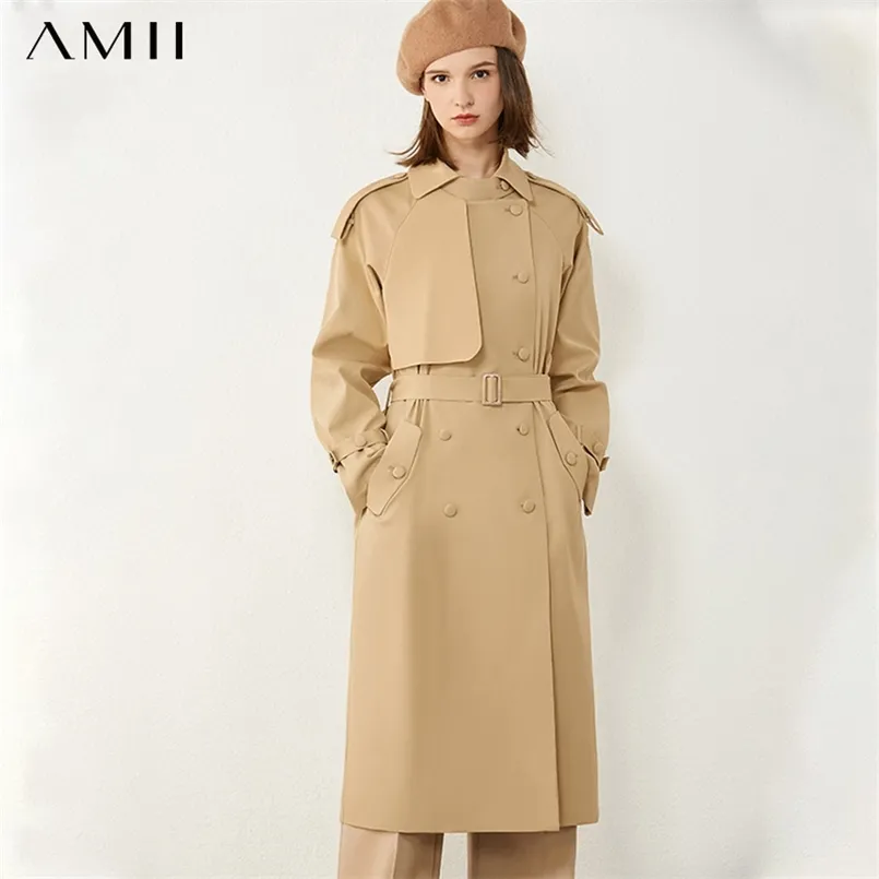 Amii minimalism hösten kvinnors windbreaker brittisk stil lapel dubbelbröst bälte kappa kalvlängd kvinnlig överrock 12040602 210812