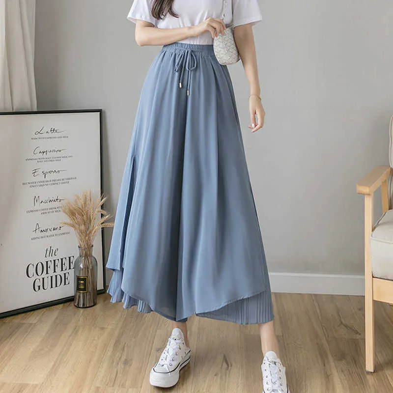 Moda coreana 2021 Estate Chiffon Pieghettato Pantaloni Larghi del Piedino Delle Donne Culottes Pantaloni Abiti A Vita Alta Pantaloni Casual Per La Femmina Q0801